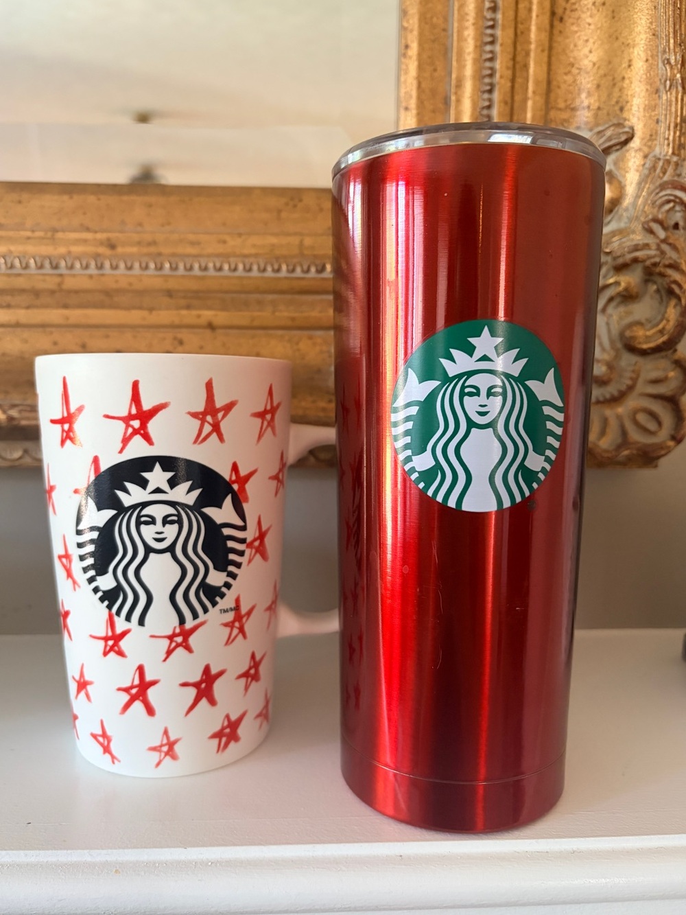 Starbucks Red Metallic Travel Tumbler + Star Mug Set